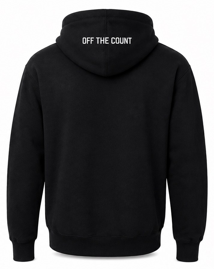 Back of the Off The Count hoodie with the wordmark across the hood