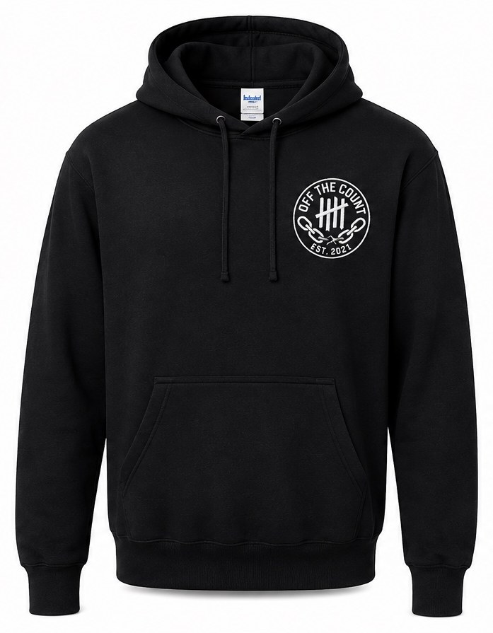 Black Off The Count pullover hoodie with embroidered seal on the left chest